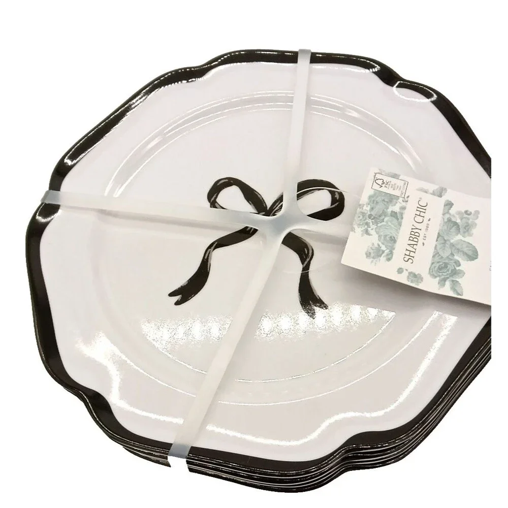 Shabby Chic Set of 4 Black Bow Melamine Salad Plates NWT